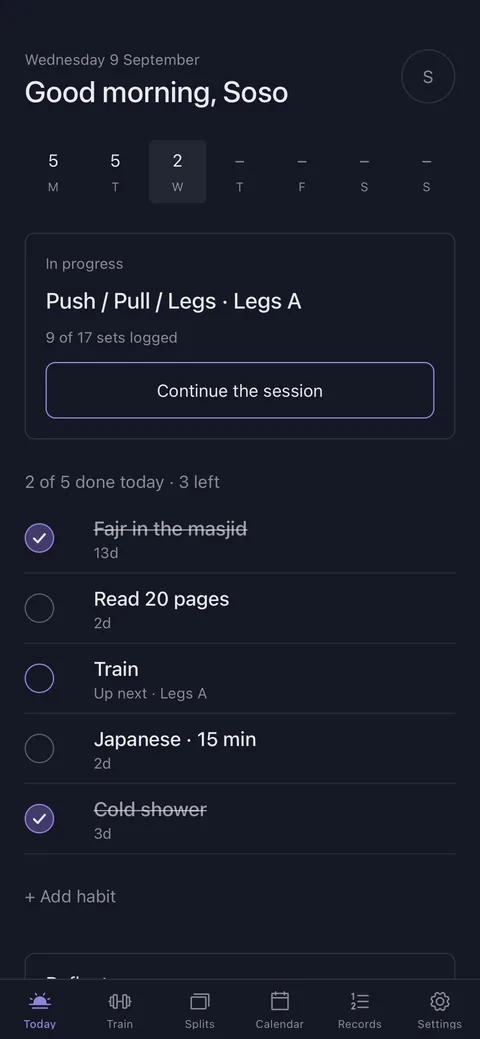 Kusuo today view on a phone: two of five habits ticked, a 13-day Fajr streak, the week strip, and a training session nine of seventeen sets in