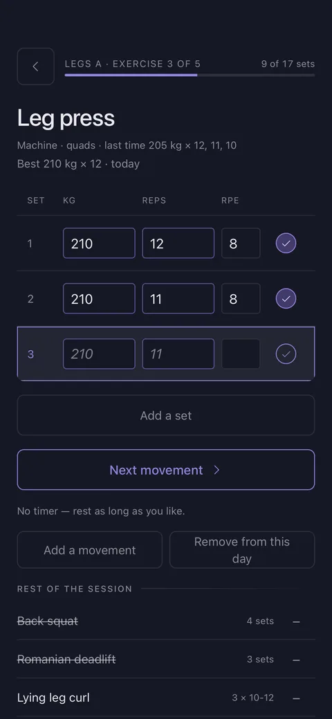 A live training session: two sets of leg press logged at 210 kg with the third row open, last session's figures in the header, and the rest of the session listed below