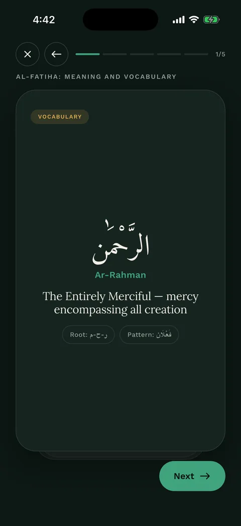 A vocabulary card in the lesson player: an Arabic word with its meaning, its triliteral root and its morphological pattern
